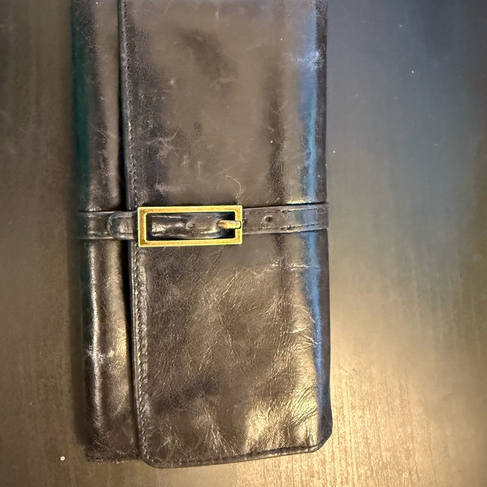 HOBO Black Wallet with Purple and Cream Patterned Interior